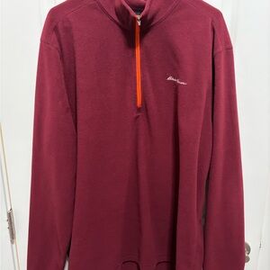 Eddie Bauer Sweater Mens XLT Burgundy Quarter Zip Fleece Pullover Mock Neck Cozy
